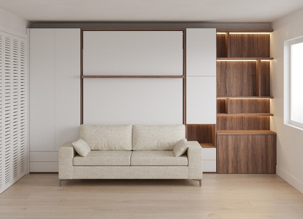 D - ROYAL Queen Wall Bed with Sectional Sofa and Bookcase Set
