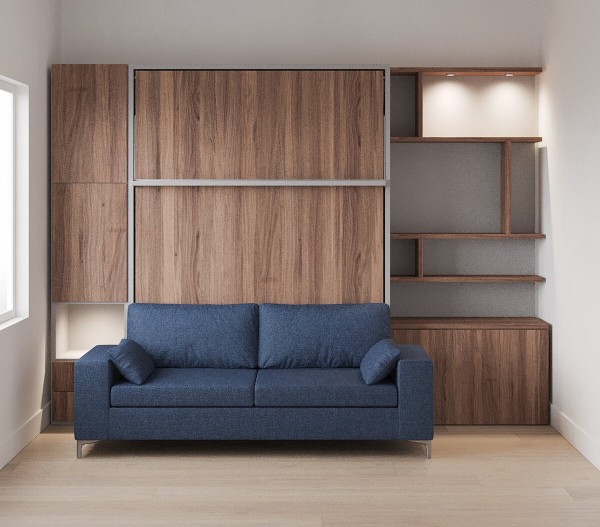 D - ROYAL Queen Wall Bed with Sectional Sofa and Bookcase Set