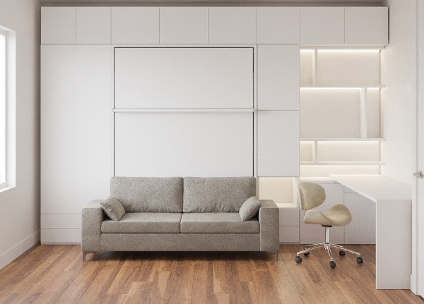 D - ROYAL Queen Wall Bed with Sectional Sofa, Wardrobe and Bookcase Set