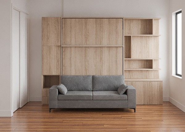 D - ROYAL Queen Wall Bed with Sectional Sofa, Wardrobe and Bookcase Set