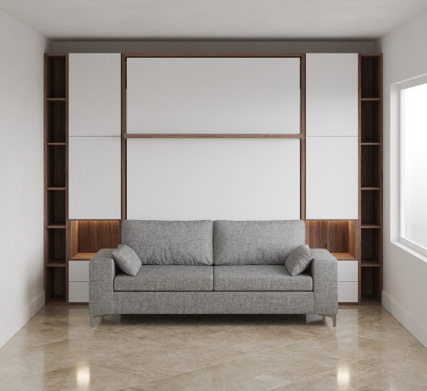 D - ROYAL Queen Wall Bed with Sectional Sofa, Wardrobe and Bookcase Set