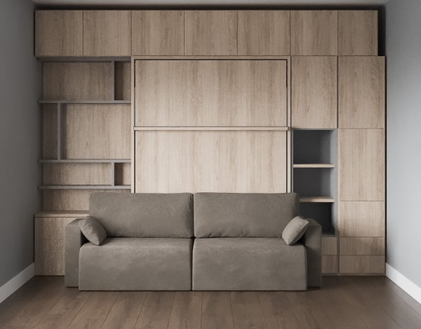 D - Royal Queen Wall Bed with Sectional Sofa, Wardrobes and Bookcase