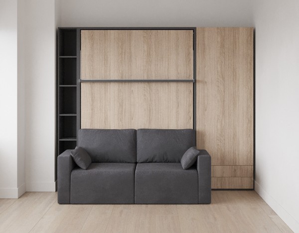 D - Royal Queen Wall Bed with Sectional Sofa, Wardrobes and Bookcase