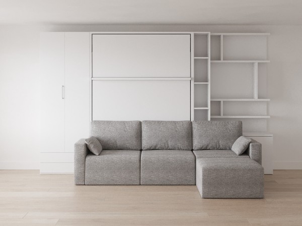 D - Royal Queen Wall Bed with Sectional Sofa, Wardrobes and Bookcase