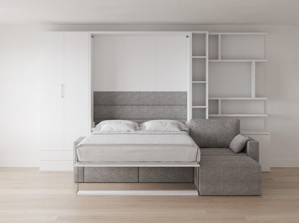 Royal Queen Wall Bed with Sectional Sofa Wardrobe and Bookcase Set 139