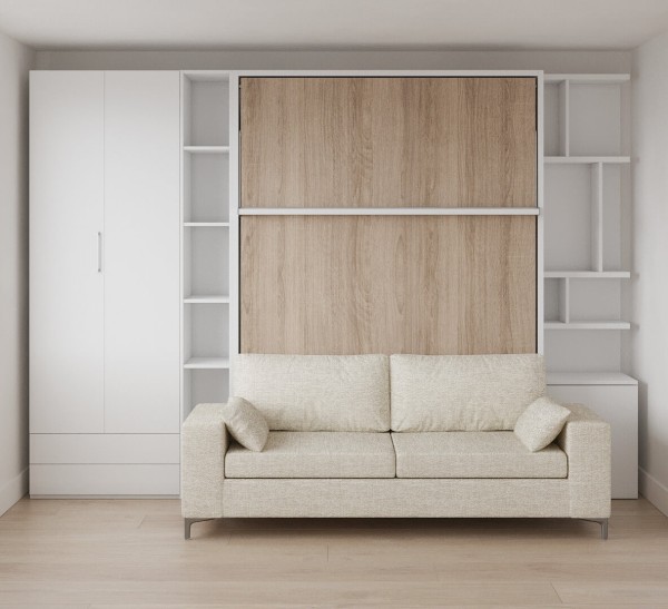D - ROYAL Queen Wall Bed with Sectional Sofa and Bookcase Set