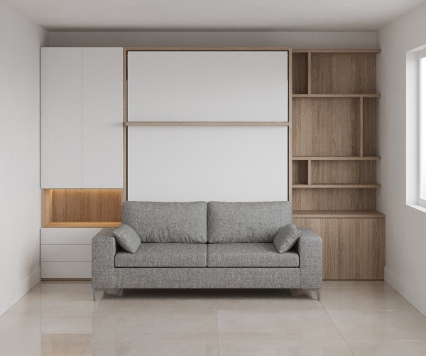 D - ROYAL Queen Wall Bed with Sectional Sofa and Bookcase Set