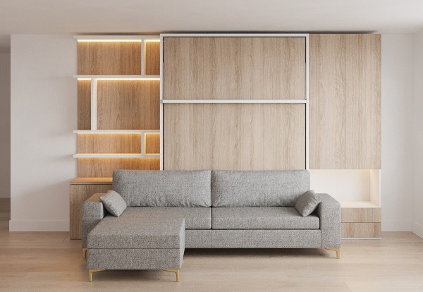 D - ROYAL Queen Wall Bed with Sectional Sofa, Wardrobe and Bookcase Set