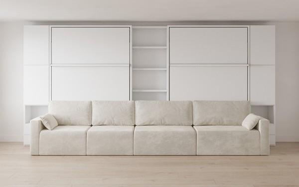 D - ROYAL Queen Wall Bed with Sectional Sofa, Wardrobe and Bookcase Set