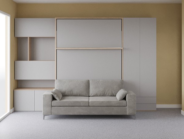 D - ROYAL Queen Wall Bed with Sectional Sofa, Bookcase and Wardrobe