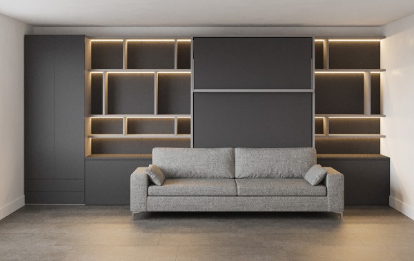 D - ROYAL Queen Wall Bed with Sectional Sofa, Wardrobe and Bookcases