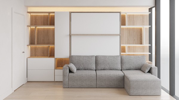 D - ROYAL Queen Wall Bed with Sectional Sofa, Wardrobe and Bookcases