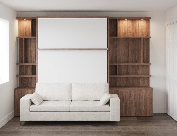 D - ROYAL Queen Wall Bed with Sectional Sofa, Wardrobe and Bookcases