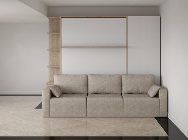 D - Royal Queen Wall Bed with Sectional Sofa, Wardrobe and Bookcase Set
