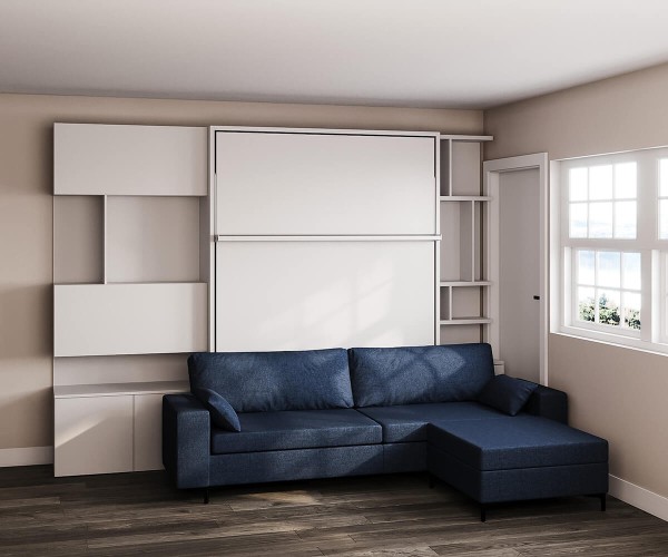 D - ROYAL Queen Wall Bed with Sectional Sofa, Wardrobe and Bookcases