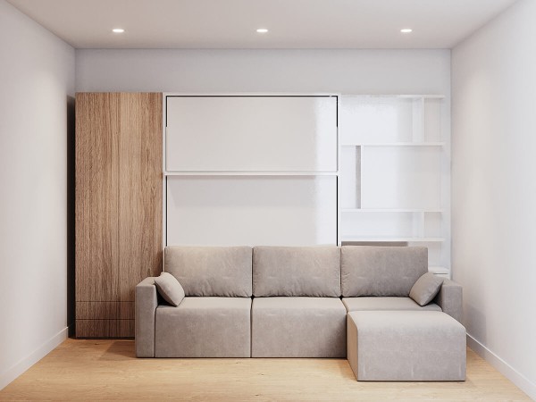 D - ROYAL Queen Wall Bed with Sectional Sofa, Wardrobe and Bookcases