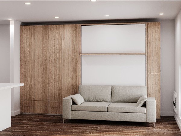 D - ROYAL Queen Wall Bed with Sectional Sofa, Wardrobe and Bookcases