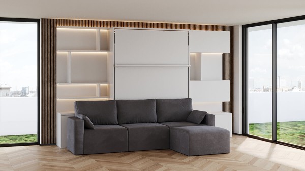 D - ROYAL Queen Wall Bed with Sectional Sofa, Wardrobe and Bookcases