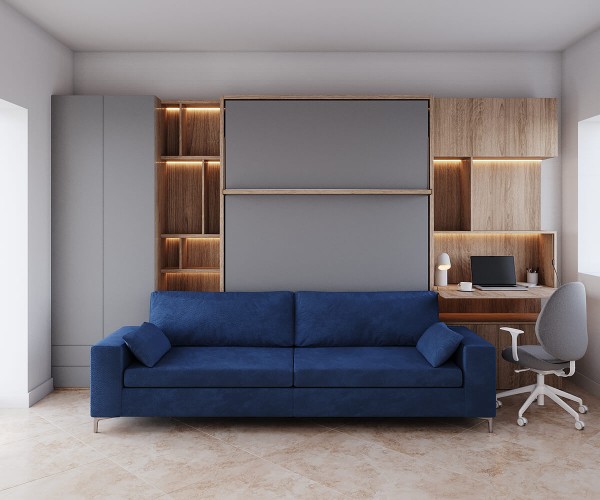 D - ROYAL Queen Wall Bed with Sectional Sofa, Wardrobe and Bookcases