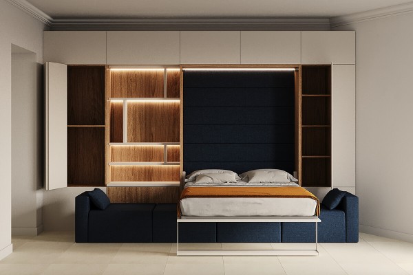 Royal Queen Wall Bed with Sectional Sofa Wardrobe and Bookcase Set 257