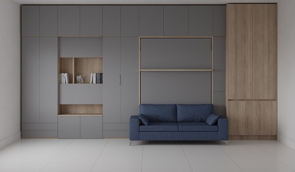 D - Royal Queen Wall Bed with Wardrobes, Bookcase and Sectional Sofa
