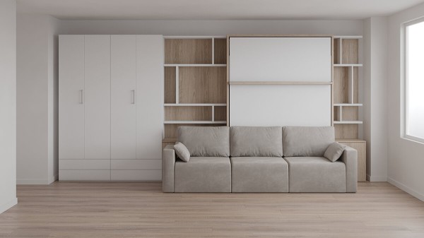 D - ROYAL Queen Wall Bed with Sectional Sofa, Wardrobes and Bookcase