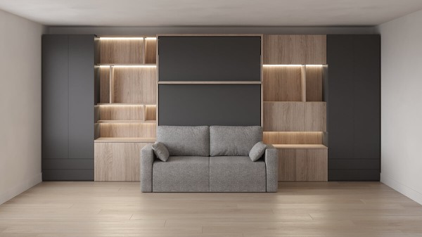 D - ROYAL Queen Wall Bed with Sectional Sofa, Wardrobes and Bookcase