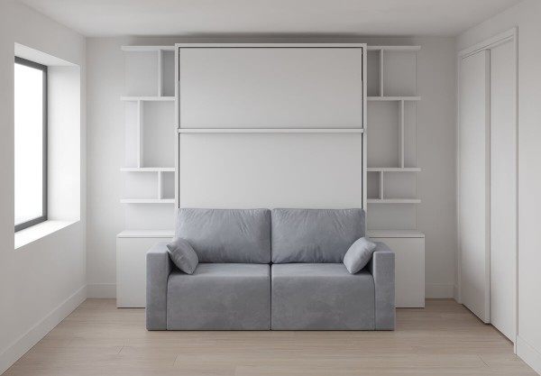 D - ROYAL Queen Wall Bed with Sectional Sofa and Bookcase