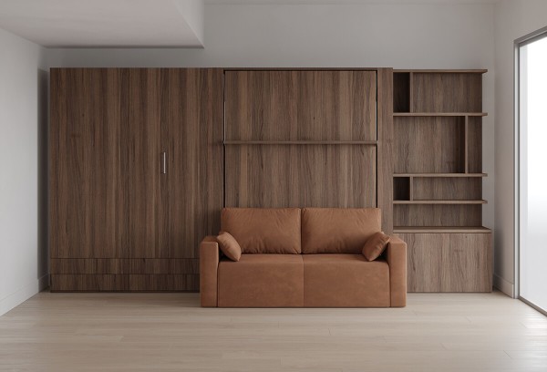 D - ROYAL Queen Wall Bed with Sectional Sofa and Bookcase