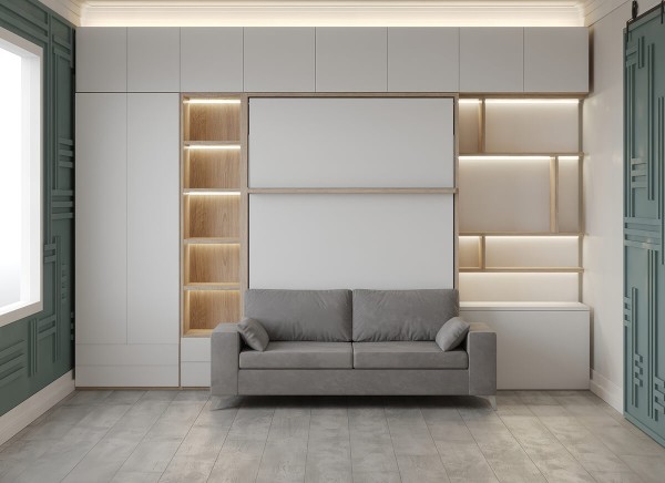 D - ROYAL Queen Wall Bed with Sectional Sofa and Bookcase Set