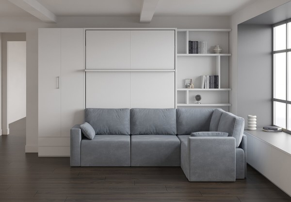 D - Royal Queen Wall Bed with Sectional Sofa, Wardrobe and Bookcase