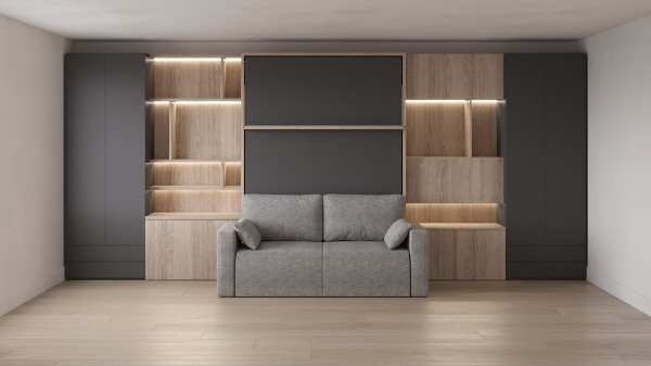 D - Royal Queen Wall Bed with Sectional Sofa, Wardrobe and Bookcase