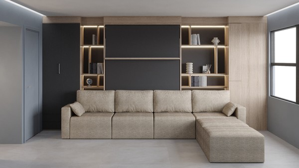 D - Royal Queen Wall Bed with Sectional Sofa, Wardrobe and Bookcase