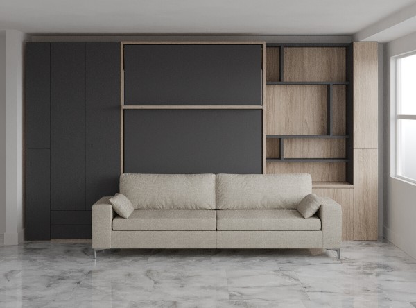 D - Royal Queen Wall Bed with Sectional Sofa, Wardrobe and Bookcase