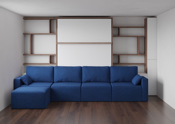 D - Royal Queen Wall Bed with Sectional Sofa, Wardrobe and Bookcase