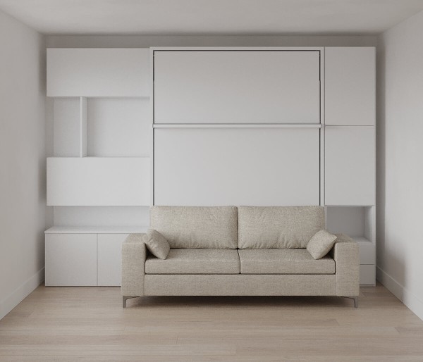 D - Royal Queen Wall Bed with Sectional Sofa, Wardrobe and Bookcase
