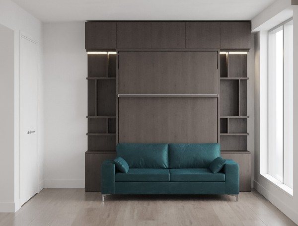 D - Royal Queen Wall Bed with Sectional Sofa, Bookcases and Wardrobe