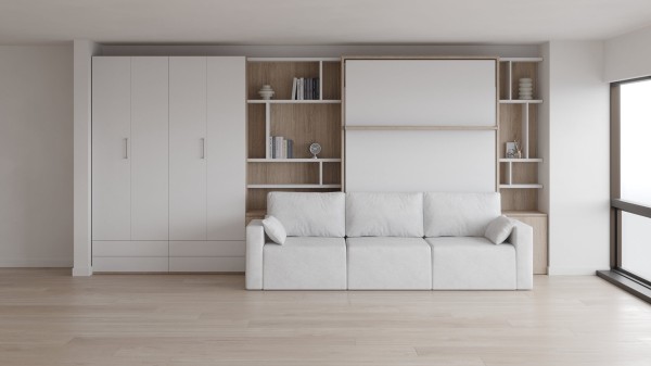 D - Royal Queen Wall Bed with Sectional Sofa and Wardrobes