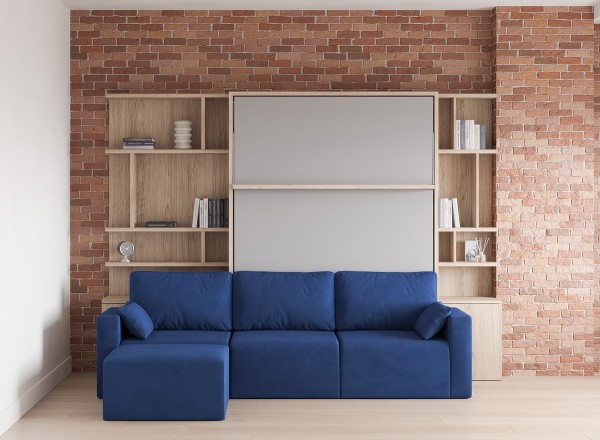 D - Royal Queen Wall Bed with Sectional Sofa and Bookcase