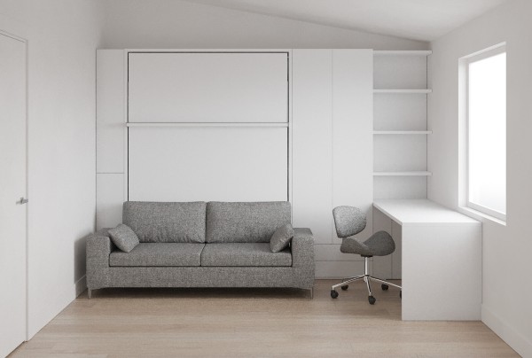 D - Royal Queen Wall Bed with Sectional Sofa, Wardrobes, Bookcase and Table
