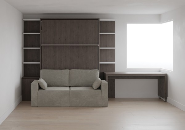 D - Royal Queen Wall Bed with Sectional Sofa and Bookcase Set