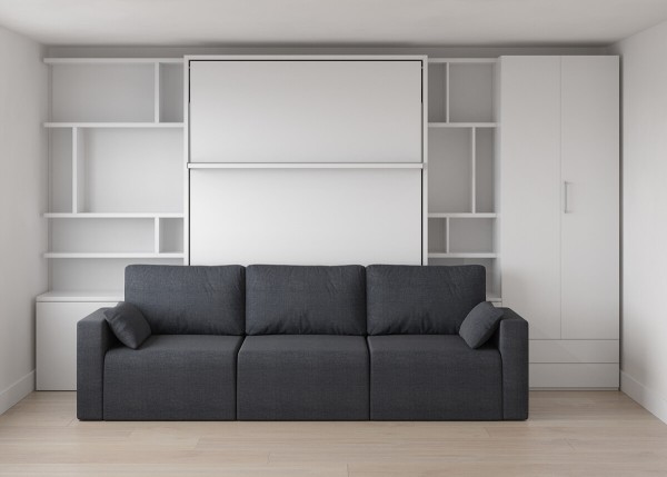 D - ROYAL Queen Wall Bed with Sectional Sofa and Bookcase