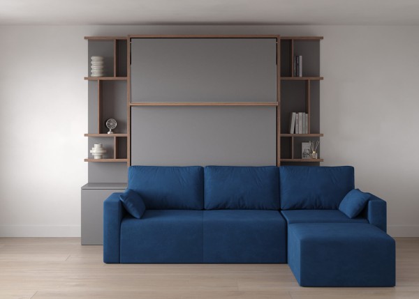 D - Royal Queen Wall Bed with Sectional Sofa and Bookcase Set