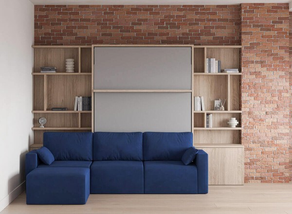 D - Royal Queen Wall Bed with Sectional Sofa and Bookcase Set