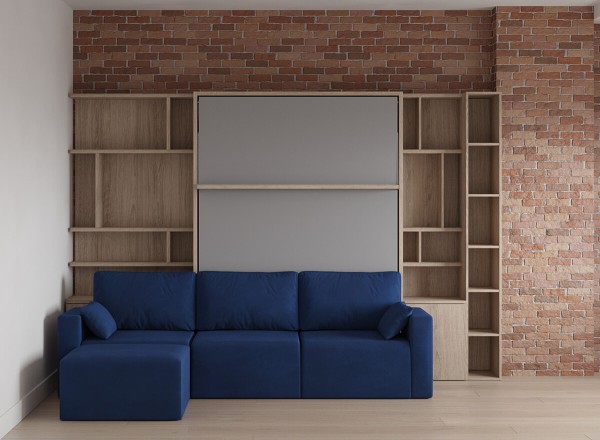 Royal Queen Wall Bed with Sectional Sofa and Bookcase Set 42