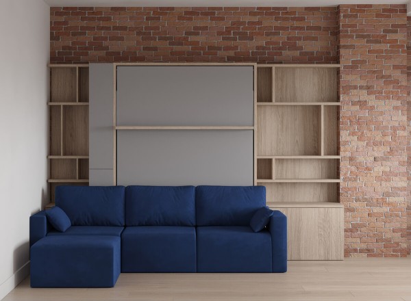 Royal Queen Wall Bed with Sectional Sofa and Bookcase Set 49