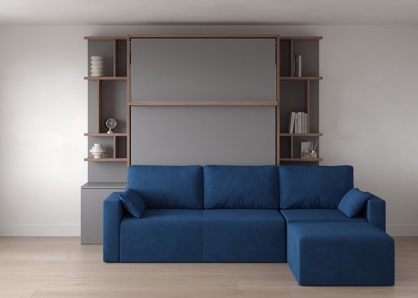 D - ROYAL Queen Wall Bed with Sectional Sofa and Bookcases