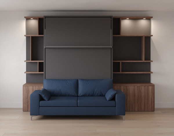 D - Royal Queen Wall Bed with Sectional Sofa and Bookcases