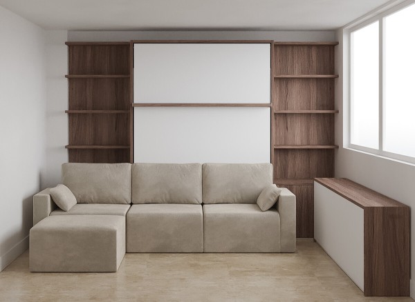 D - Royal Queen Wall Bed with Sectional Sofa, Bookcases and Wardrobe