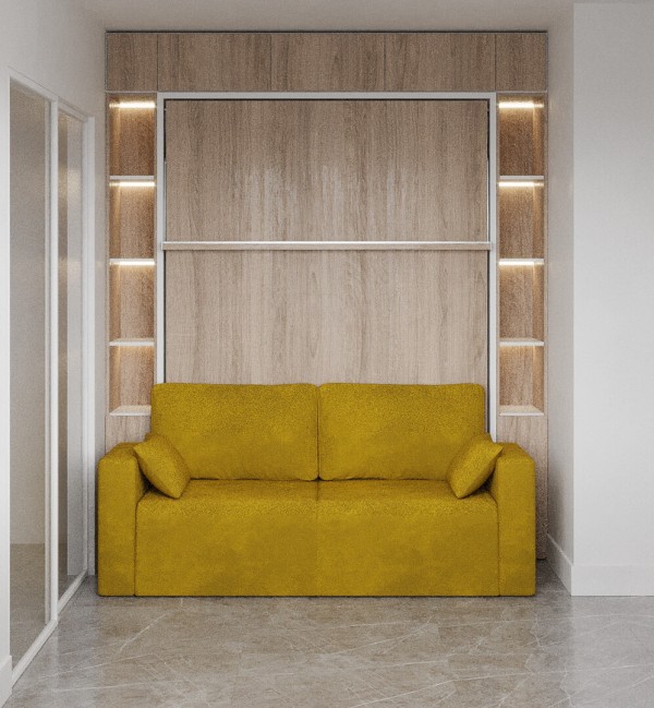 D - ROYAL Queen Wall Bed with Sectional Sofa and Bookcase Set